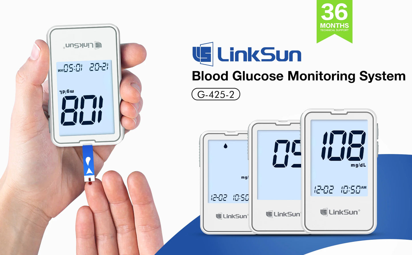 Linksun G-425-2 Blood Glucose Meter — 50/100PCS Test Strips, Digital Diabetes Testing Device, Blood Sugar Monitor