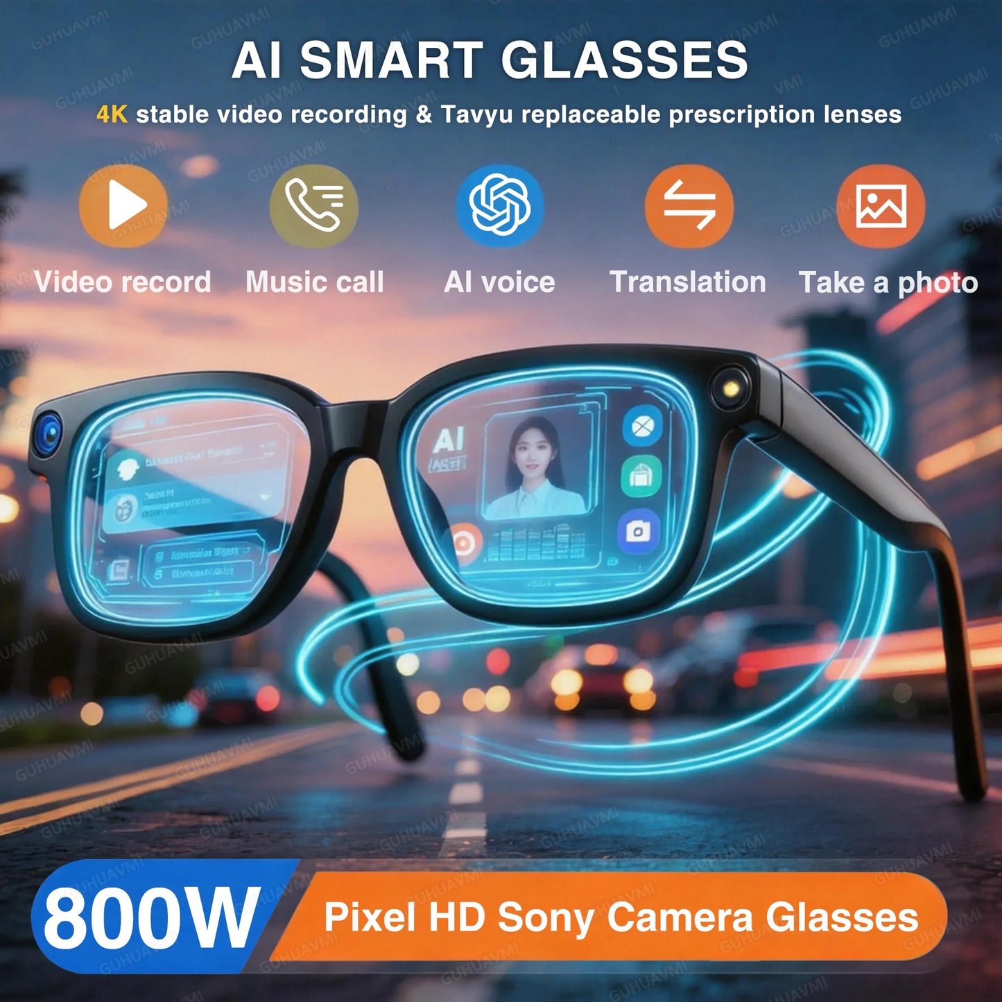 AI Smart Glasses - 800W HD Camera 1080P Video Recording 100+ Language Translation Bluetooth Music & Call Sunglasses
