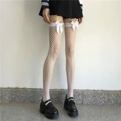 Women’s White Fishnet Knee-High Stockings – Pink Bow Tie, Large Mesh Hollow Out, Sexy Contrast Color Fashion Stockings