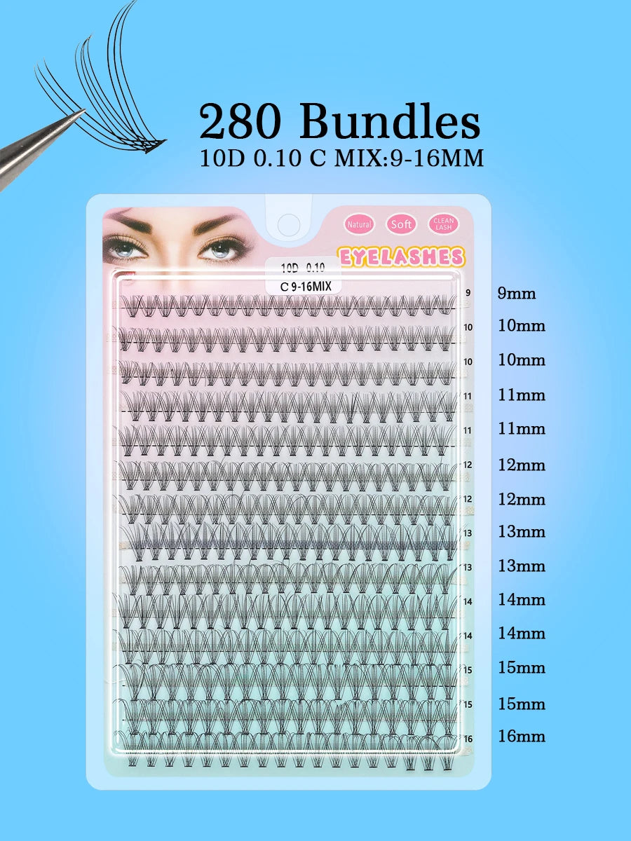 Individual Cluster Lashes – 20-100D Natural Look DIY Eyelash Extensions, 280pcs Mixed Tray Volume Lashes