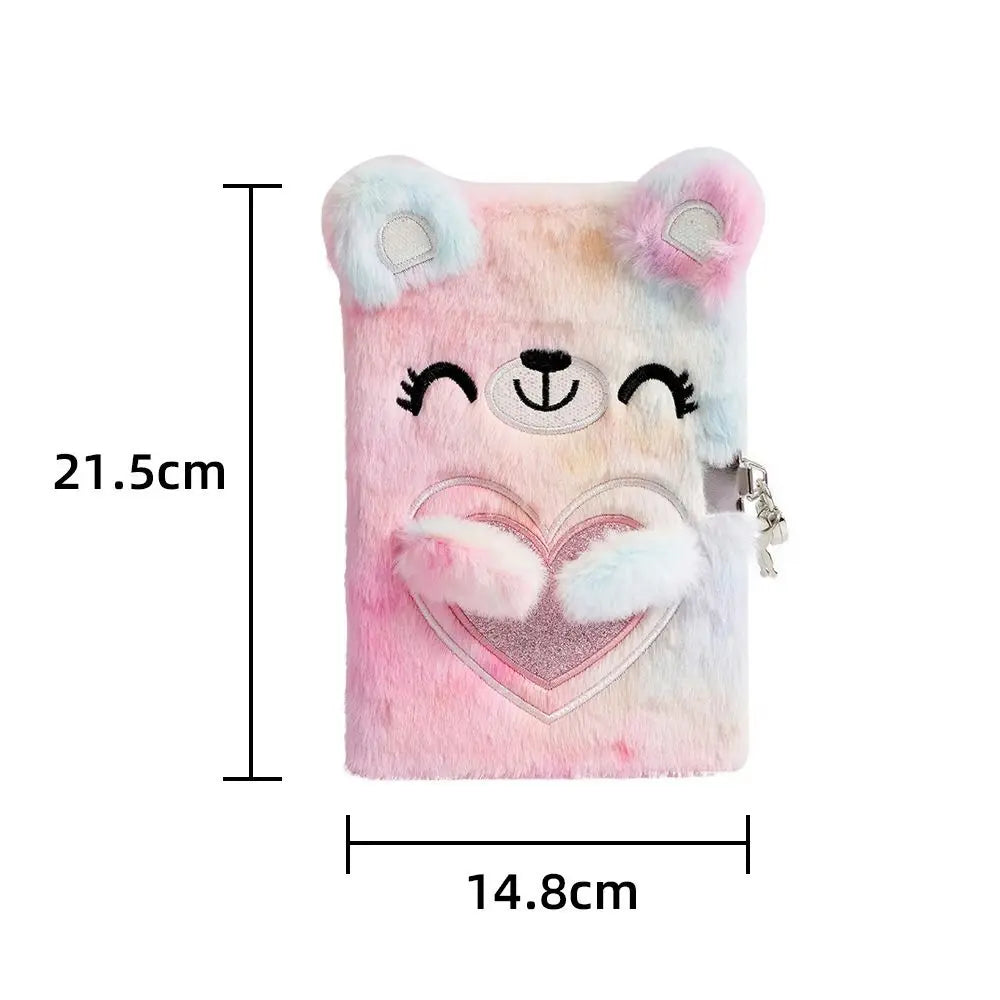 Cartoon Bear Plush Lock Notebook A5 Tie-Dye Diary Journal for Girls – Cute Stationery Gift