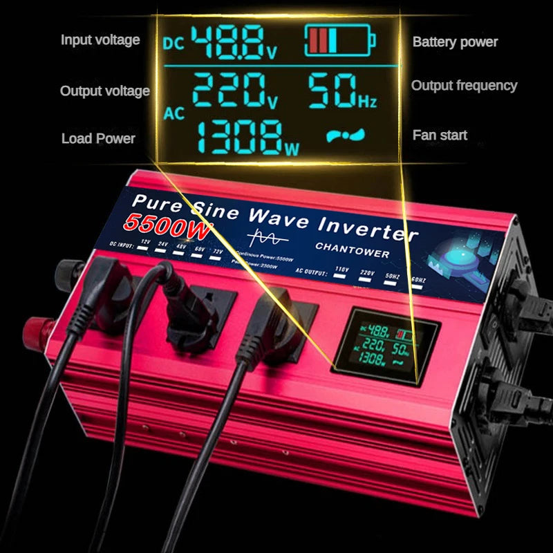 5500W Pure Sine Wave Inverter - DC 12v/24v/48v/60v/72v to AC 110v/220v Voltage Converter for Car & Solar Power