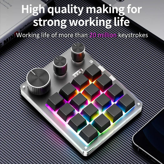 2.4G Bluetooth Mechanical Keyboard – 16-Key Custom USB with Knob, Volume Control, Macro & Gaming Modes