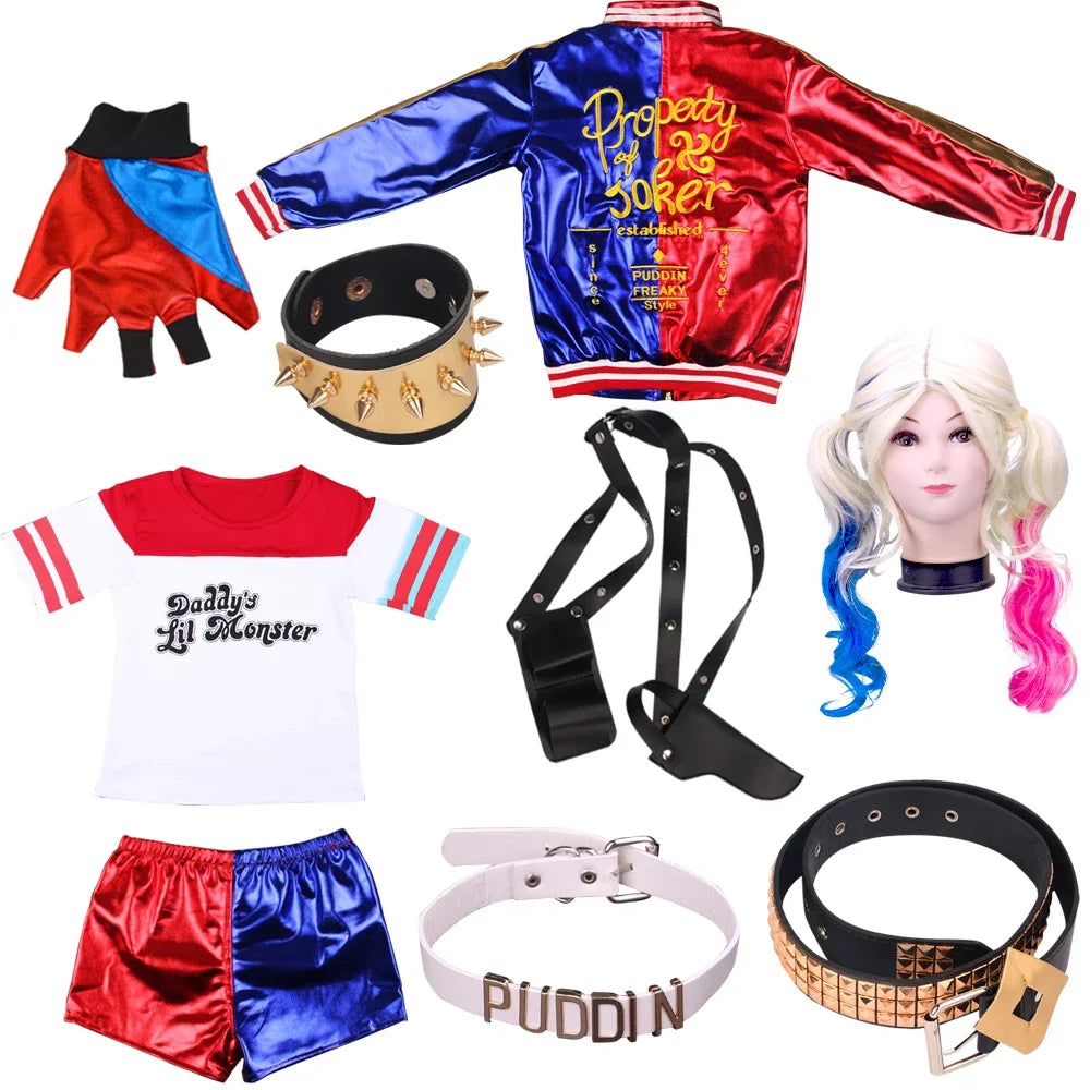 Adult Anime Robe Costume for Women with Quinn Wig, Joker T-Shirt and Jacket – Halloween Cosplay Outfit