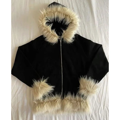 Y2K Zip-Up Hoodie with Faux Fur Collar – Harajuku Rock Goth Retro Punk Loose Jacket for Hip Hop Streetwear
