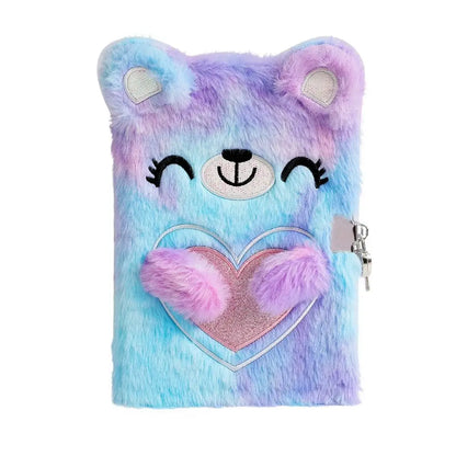 Cartoon Bear Plush Lock Notebook A5 Tie-Dye Diary Journal for Girls – Cute Stationery Gift