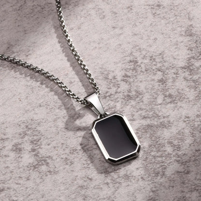 Casual Black Enamel Necklace for Men, Waterproof Stainless Steel Square Pendant, Simple Fashion Collar Jewelry Gift