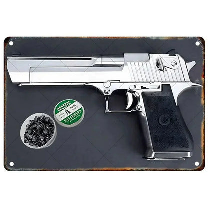 Pistol Metal Wall Sign - Military Style Decoration for Man Cave Home Cafe Bar Garden
