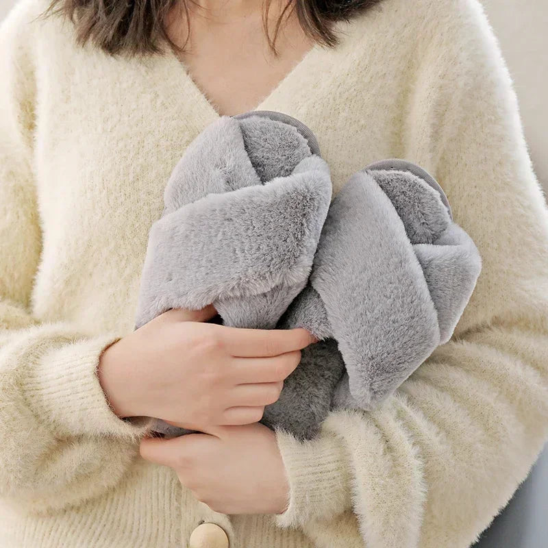 Winter Women’s House Slippers – Faux Fur Slip-On Flats, Cozy Warm Home Slides in Black & Pink