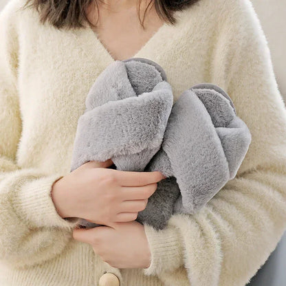 Winter Women’s House Slippers – Faux Fur Slip-On Flats, Cozy Warm Home Slides in Black & Pink
