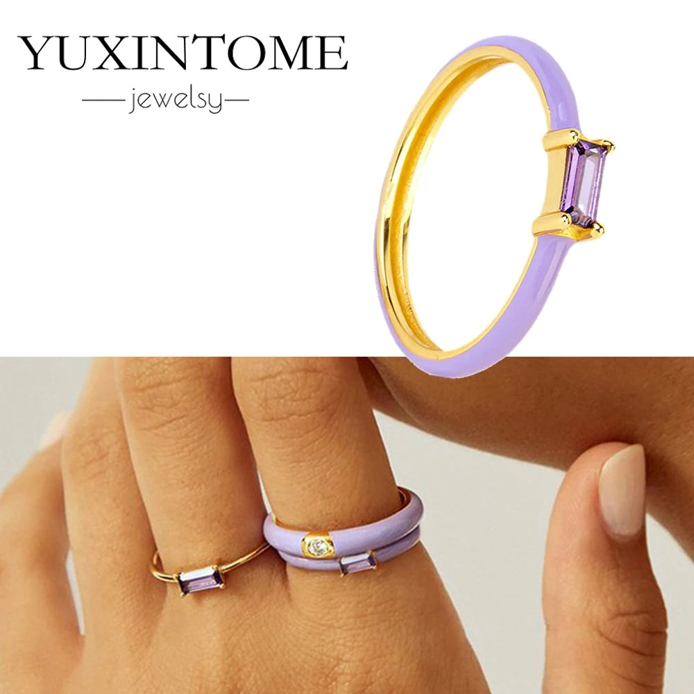 24K Gold-Plated & Silver Enamel Ring – Slim Round Women's Luxury Zircon CZ Ring in Green, Purple, Pink for Wedding & Anniversary