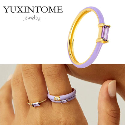 24K Gold-Plated & Silver Enamel Ring – Slim Round Women's Luxury Zircon CZ Ring in Green, Purple, Pink for Wedding & Anniversary
