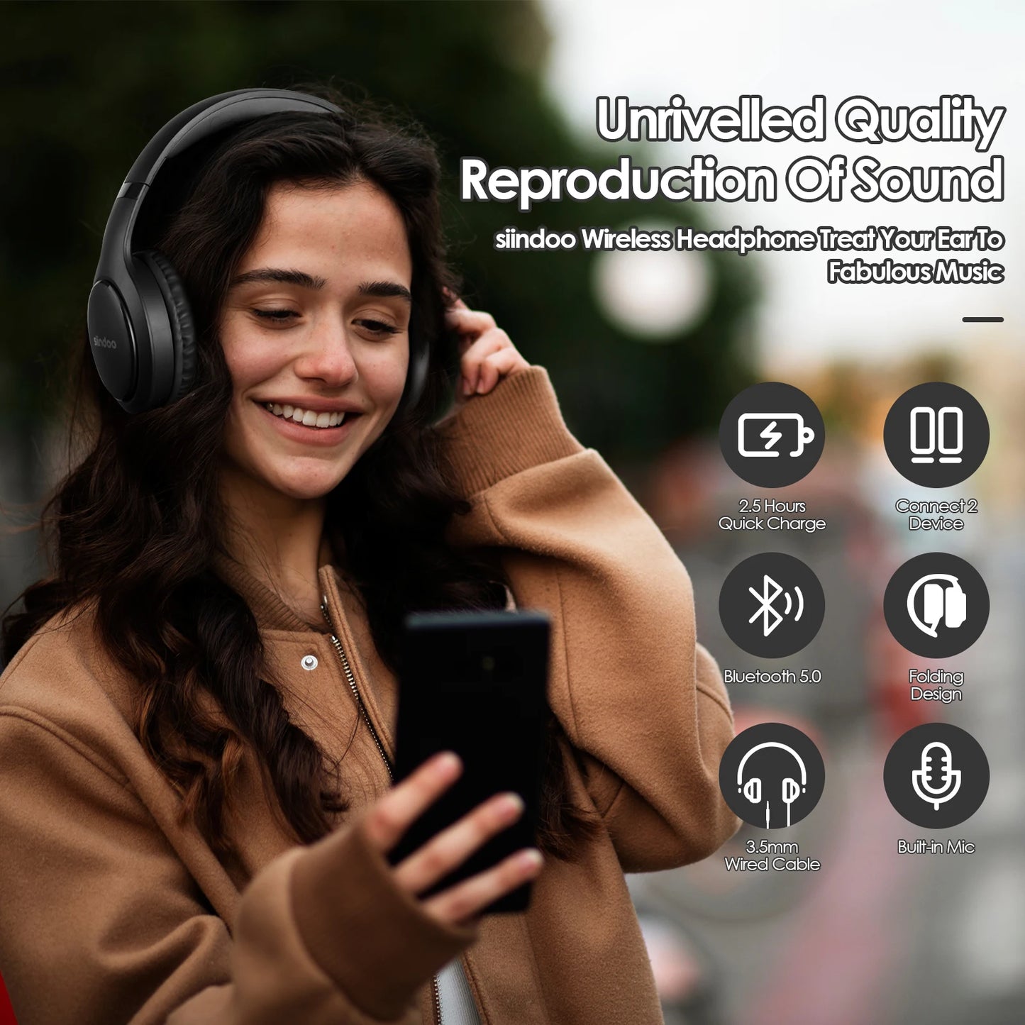 Siindoo JH-919 Foldable Wireless Headphones – Bluetooth Stereo Earphones with Mic & Super Bass, 4 Colors for iPhone, Laptop, PC