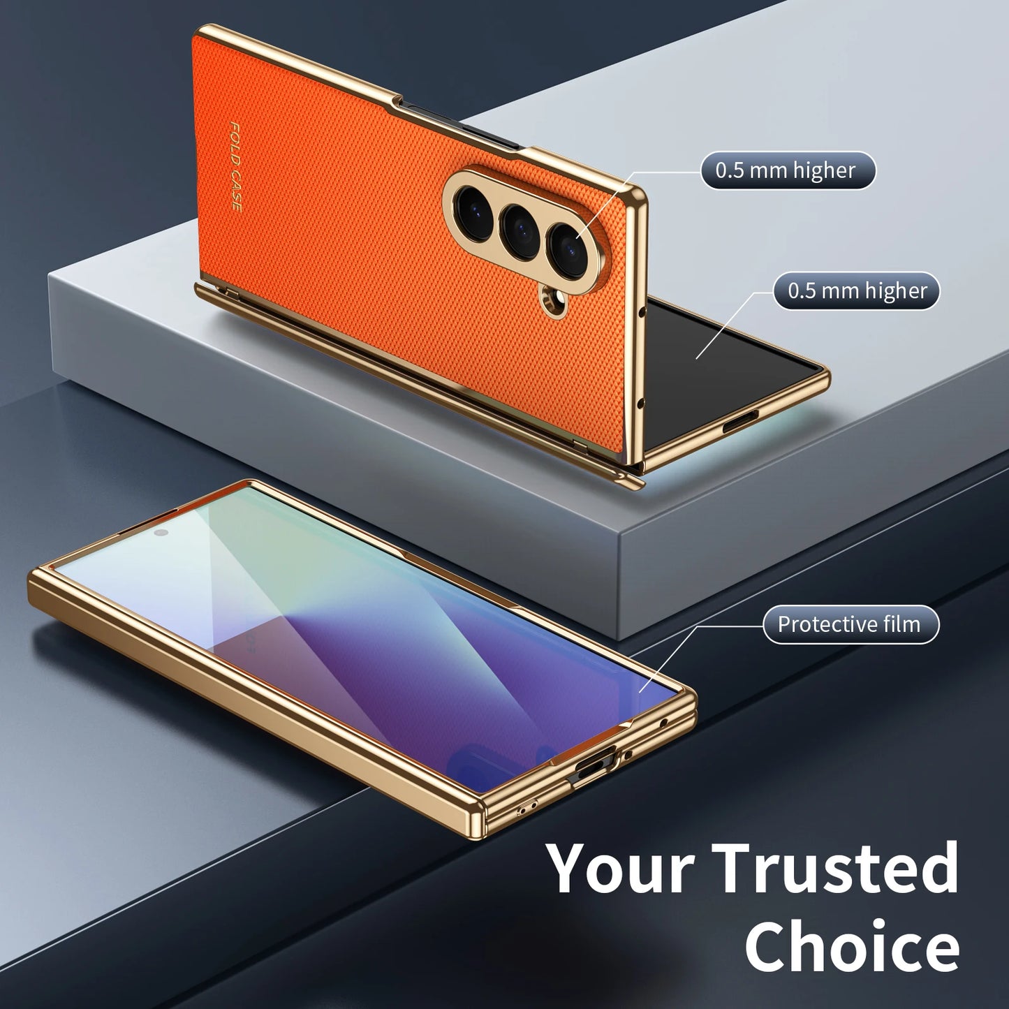 Samsung Galaxy Z Fold 4/5/6/7 Plaid Vegan Leather Case - Hinge Protection Cover with Clear Glass Protector