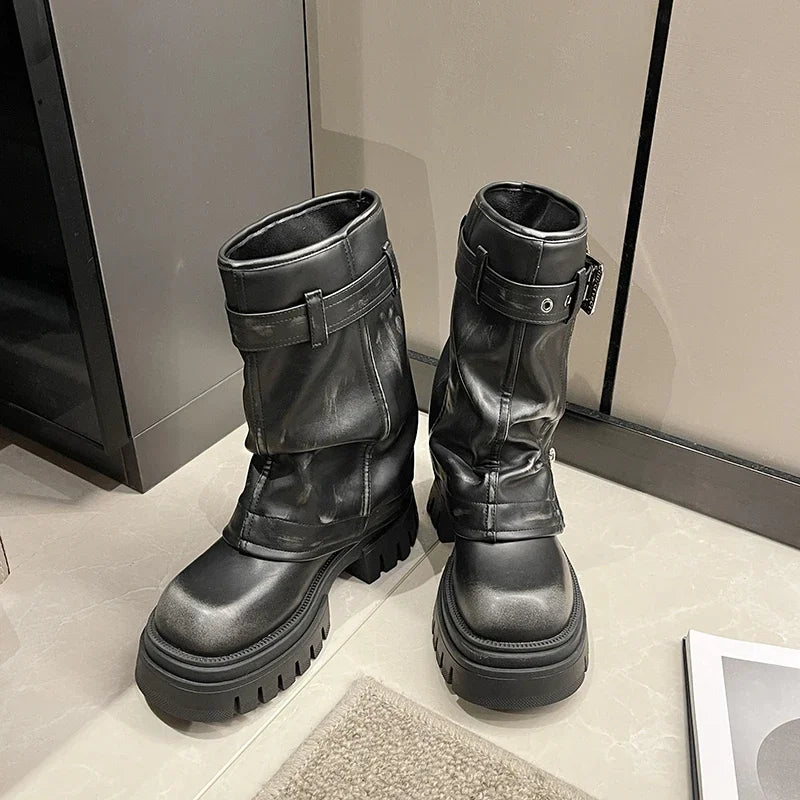 2023 New Women's Mid-Calf Boots – Fashion Belt Buckle, Side Zipper, Round Toe, High Quality