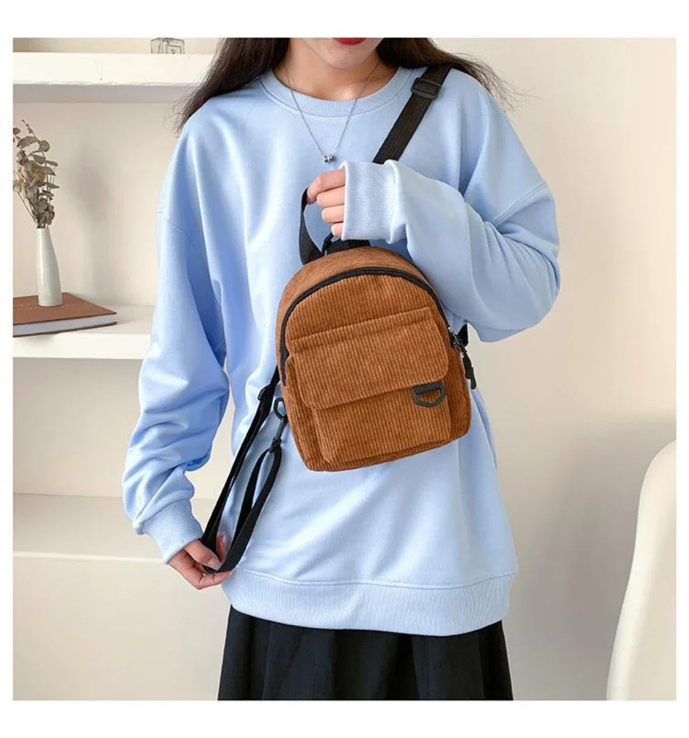 Women's Mini Backpack - Fashionable Solid Color Corduroy Casual Schoolbag with Large Capacity