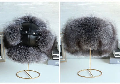 Natural Raccoon & Fox Fur Russian Ushanka Hat – Women’s Black Winter Bomber Cap with Ear Flaps