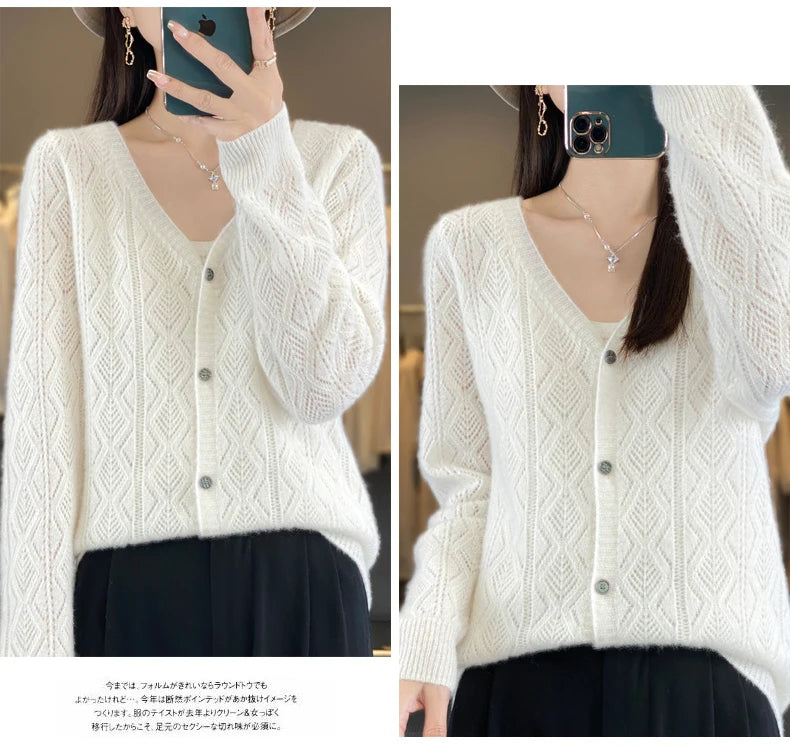 Women's 100% Wool Cashmere Cardigan – V-Neck, Super Soft, Loose Fit, Long Sleeve Knit Sweater