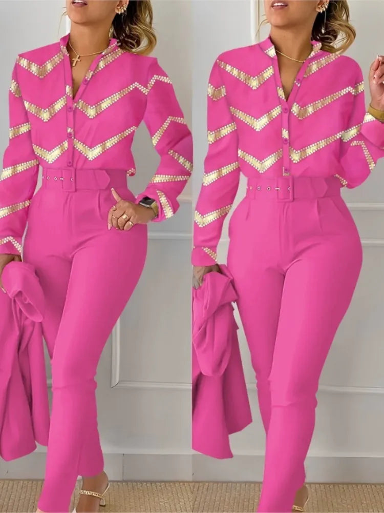 Women’s Autumn Winter Two-Piece Set – Stand Neck Floral Shirt & Pants with Belt, Elegant Casual Outfit