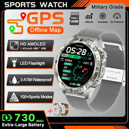 All-Terrain GPS Sports Smartwatch - Offline Maps, Altimeter, Barometer, Compass, 3ATM Waterproof & 730mAh Battery