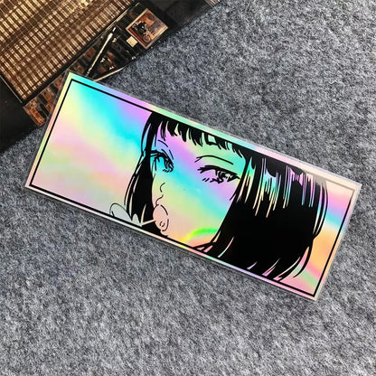 JDM Anime Girl Holographic Stickers - Rainbow Vinyl Decals for Car Windows, Motorcycles, Helmets, and Windshields