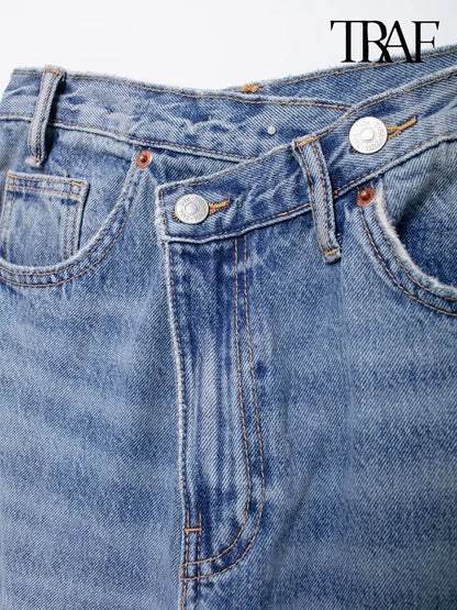TRAF Women’s Basic Hundred Jeans — High Waist Asymmetric Wide-Leg Trousers, Casual Straight-Leg Fashion Jeans