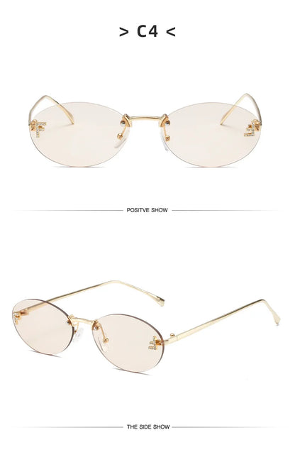 Diamond Letter "F" Rimless Sunglasses | Women’s Luxury Metal Frame Black Oval UV400 Shades