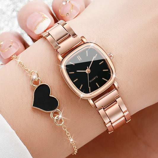 2PCS Women's Watch Set – Fashion Square Stainless Steel Band Quartz Watches with Heart Bracelet