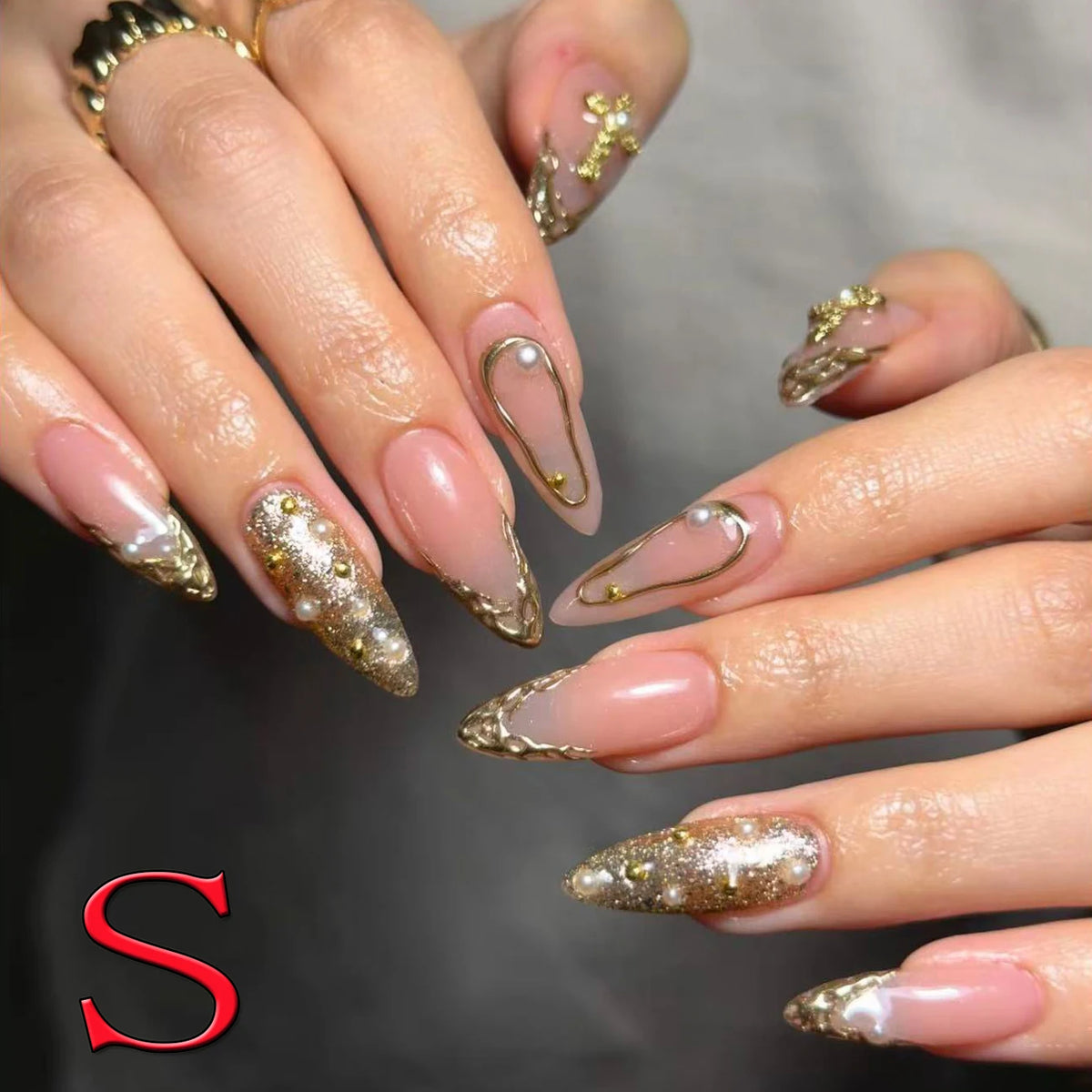 10PCS French Tip Press-On Nails - Short Square Nude Gold Glitter Leopard Nail Set