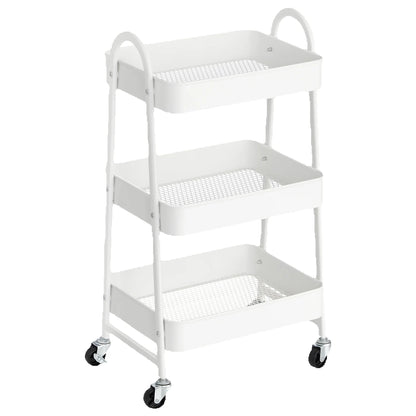 SONGMICS 3-Tier Rolling Utility Cart — Metal Storage Trolley with Wheels, Brakes & Handles for Kitchen or Home Organization
