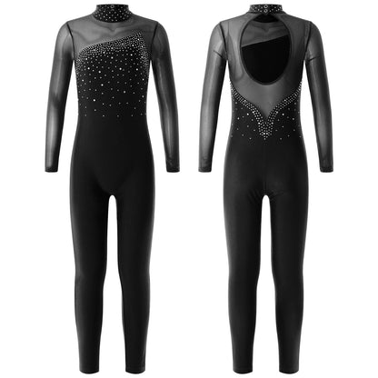 Kids Girls Long Sleeve Rhinestone Bodysuit — Full Body Dancewear Gymnastics Leotard Skating Jumpsuit