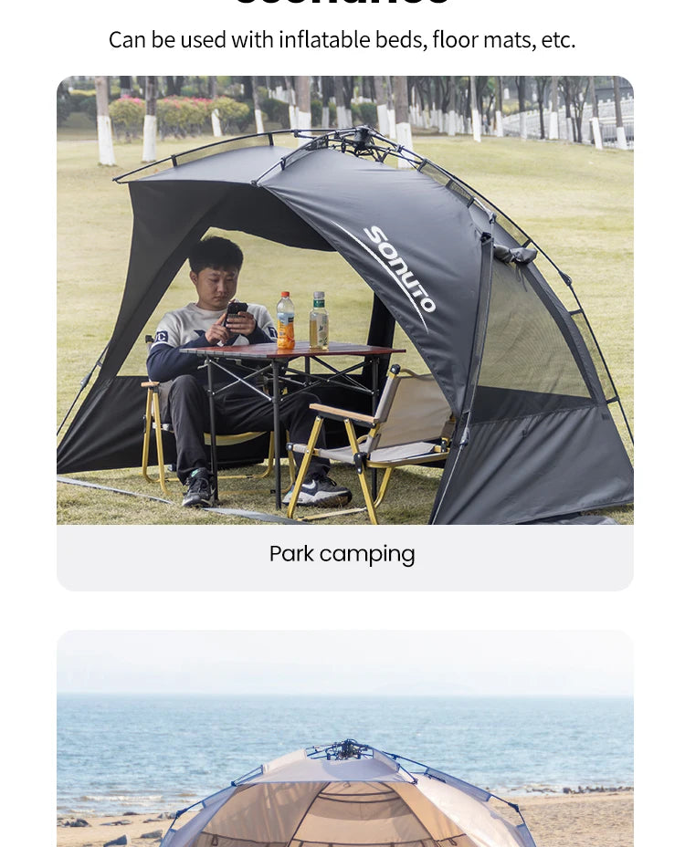 Sonuto Outdoor 3-4P One-Touch Camping Tent – Automatic Quick Open Beach, Fishing, Picnic & Family Travel Tent with Anti-UV Shade