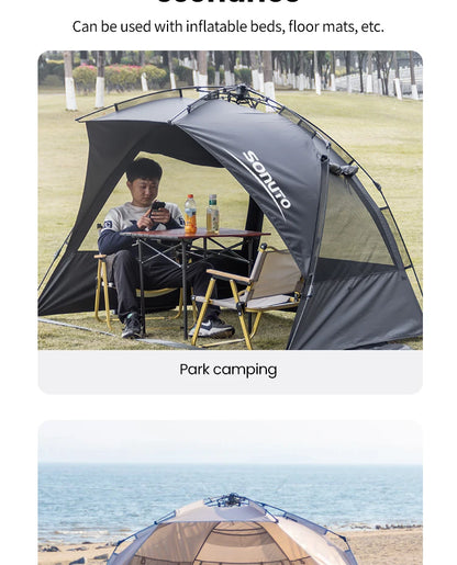 Sonuto Outdoor 3-4P One-Touch Camping Tent – Automatic Quick Open Beach, Fishing, Picnic & Family Travel Tent with Anti-UV Shade