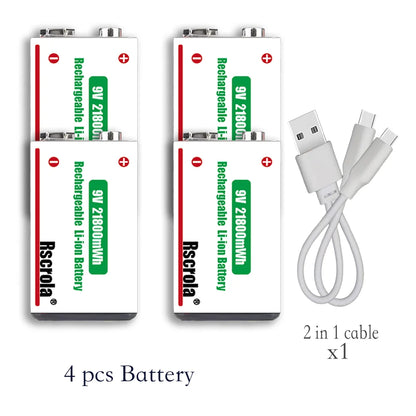 9V Lithium-Ion Rechargeable Battery 21800mWh – High-Capacity Power for Guitar, Microphone, Smoke Detector & Pedals with Cable