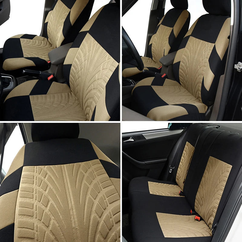 Tire Track Pattern Universal Car Seat Covers – Cloth Automotive Interior Protectors for Car, SUV & Van with Airbag Compatible Design