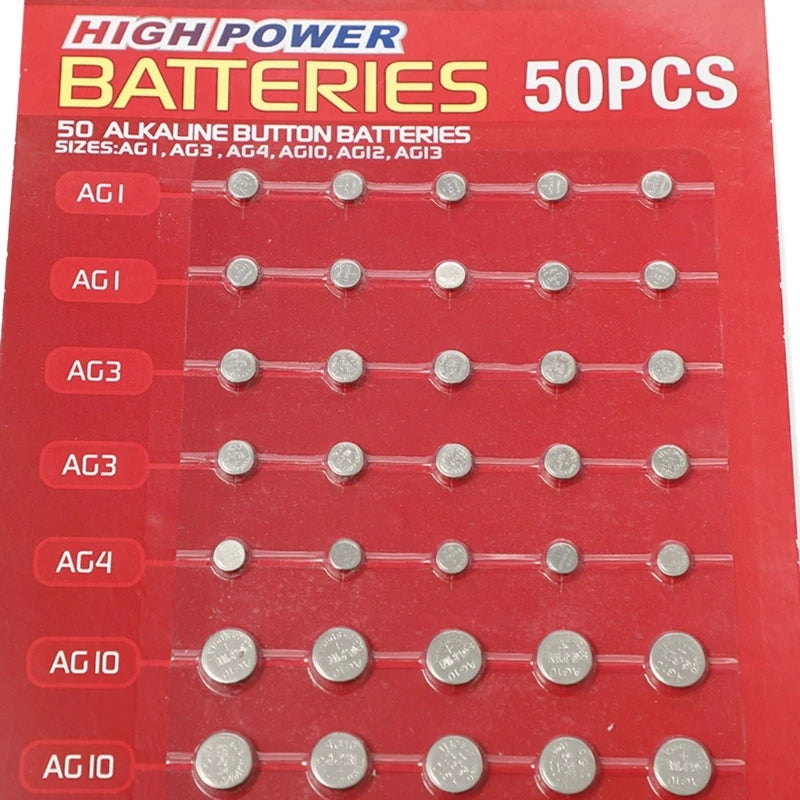 50/100Pcs Mixed Button Coin Cell Battery Set - AG1/AG3/AG4/AG10/AG12/AG13 Batteries for Watch, Toy, Clock, Calculators