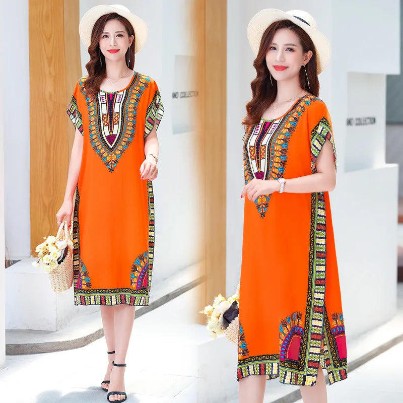 Fdfklak Ethnic Style Nightdress - Mid-Length Sleeveless Summer Sleepwear Loose Beach Nightgown for Women