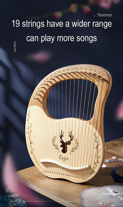 Lyre Harp 19-String – Mahogany Wood Stringed Musical Instrument with Tuning Wrench & Spare Strings