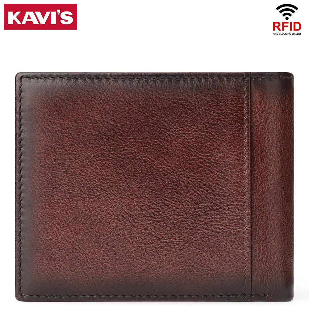 KAVIS Handmade Genuine Leather Men's Wallet RFID Blocking Card Holder with ID Window – Large Capacity Fashion Money & Card Storage Wallet