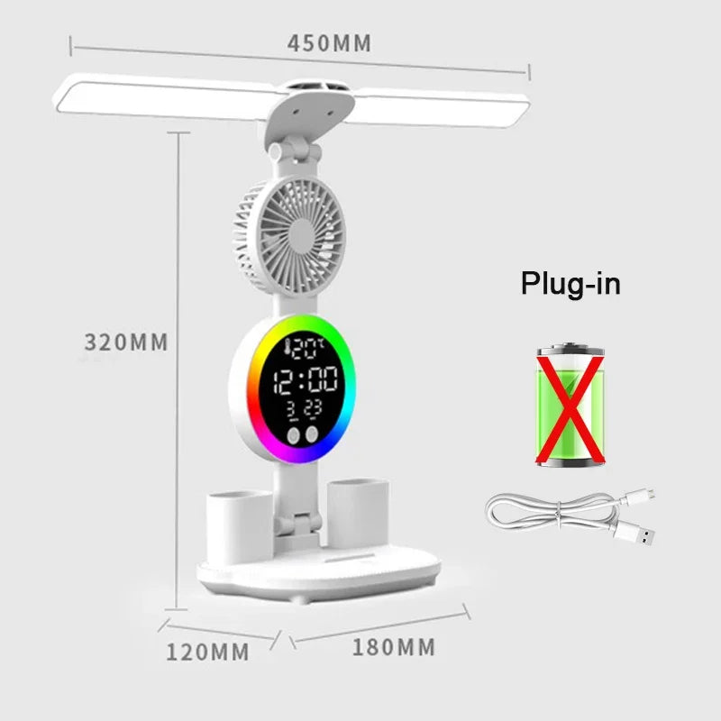 LED Desk Lamp with Fan & Clock - Adjustable Brightness Reading and Study Light