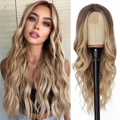 26-Inch Synthetic Ombre Blonde Wavy Wig for Women — Long Middle Part Curly Heat-Resistant Hair Fiber