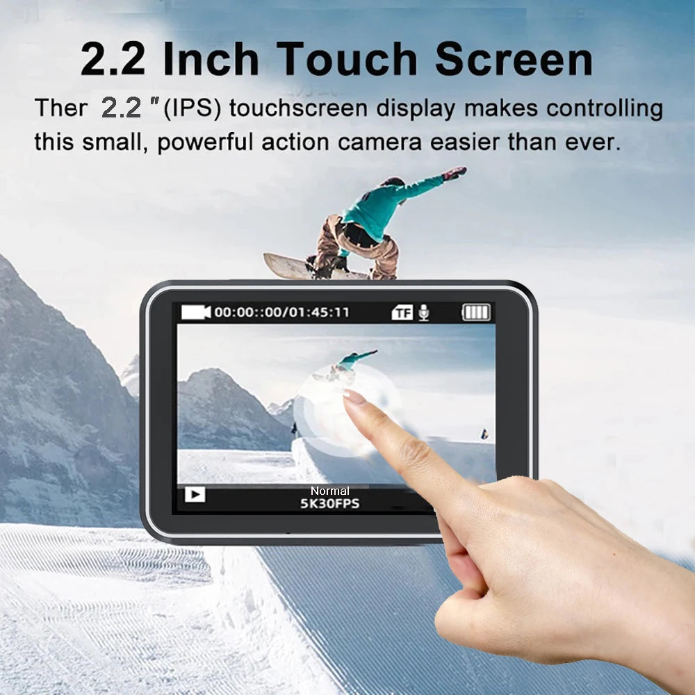 F6W Action Camera — 5K/4K60FPS, 48MP, 2.2" Touch LCD, EIS, Dual Screen, Wi-Fi, 170° Waterproof 30M, 8X Zoom Sports Camera with Wireless Mic