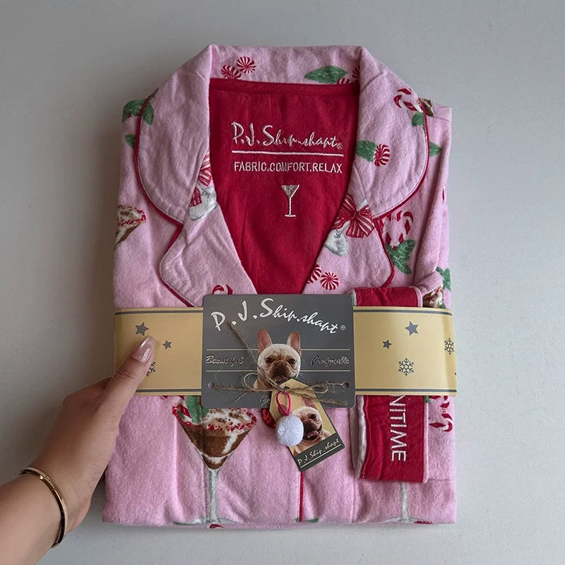 Women's Winter Cartoon Pajama Set - Warm Cotton Wool Sleepwear Long Sleeve Homewear
