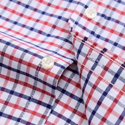Men’s Checkered Oxford Shirt - Long Sleeve Cotton Button Down Gingham Top with Single Pocket 6XL-7XL