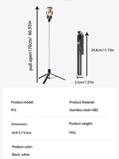 170cm/67in Selfie Stick Tripod – Extendable Aluminum Stand with Fill Light & Bluetooth Remote, Compatible with iPhone & Android