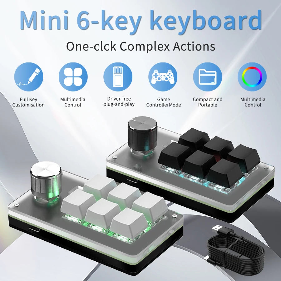 6-Key RGB Macro Programming Keyboard with Knob – Mini Mechanical Custom Gaming Keypad for Photoshop, Editing & Shortcuts