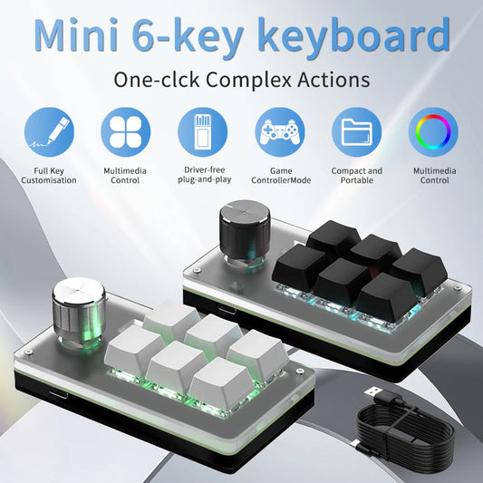 6-Key RGB Macro Programming Keyboard with Knob – Mini Mechanical Custom Gaming Keypad for Photoshop, Editing & Shortcuts