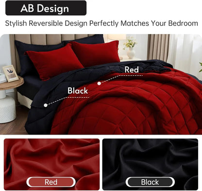 Reversible Red & Black Comforter Set 2/3pcs – All Season Down Alternative Bedding with Pillow Shams