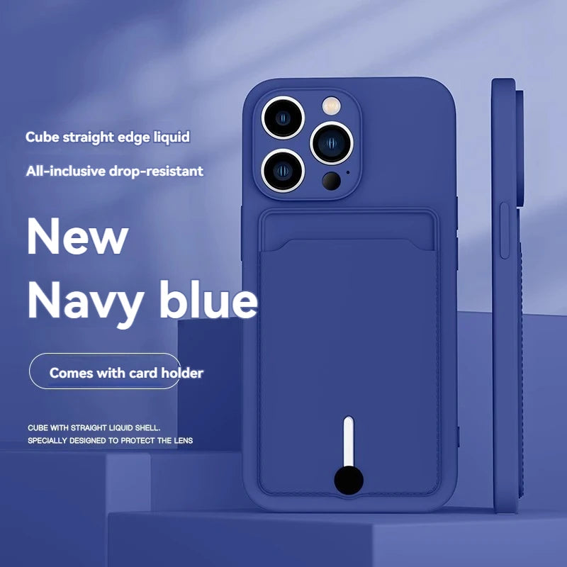 iPhone 16/15/14/13/12/11 Series Silicone TPU Card Holder Case – Slim Soft Cover with Built-In Credit Card Slot for Pro Max, Mini & Plus Models