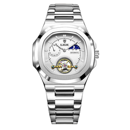 LIGE Dual Seconds Tourbillon Watch – Men's Stainless Steel Mechanical Timepiece, 24H, Night Glow, Waterproof